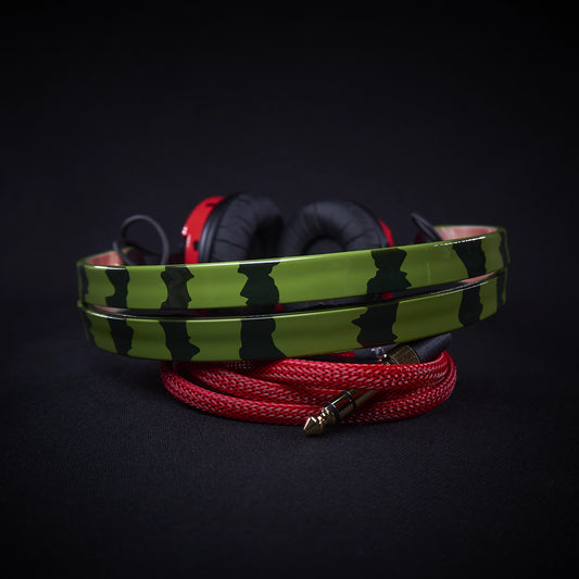 Custom Sennheiser HD25 headphones with unique watermelon-themed hand-painted design, red earcups, green headband, and red audio cable.
