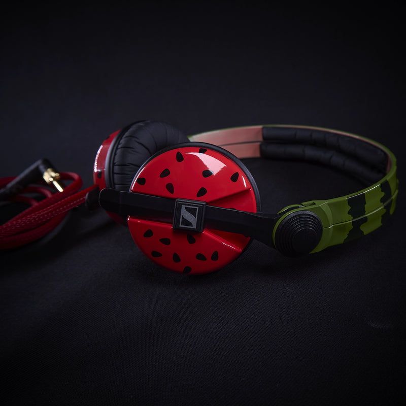 Custom Sennheiser HD25 headphones with unique watermelon-themed hand-painted design, red earcups, green headband, and red audio cable.