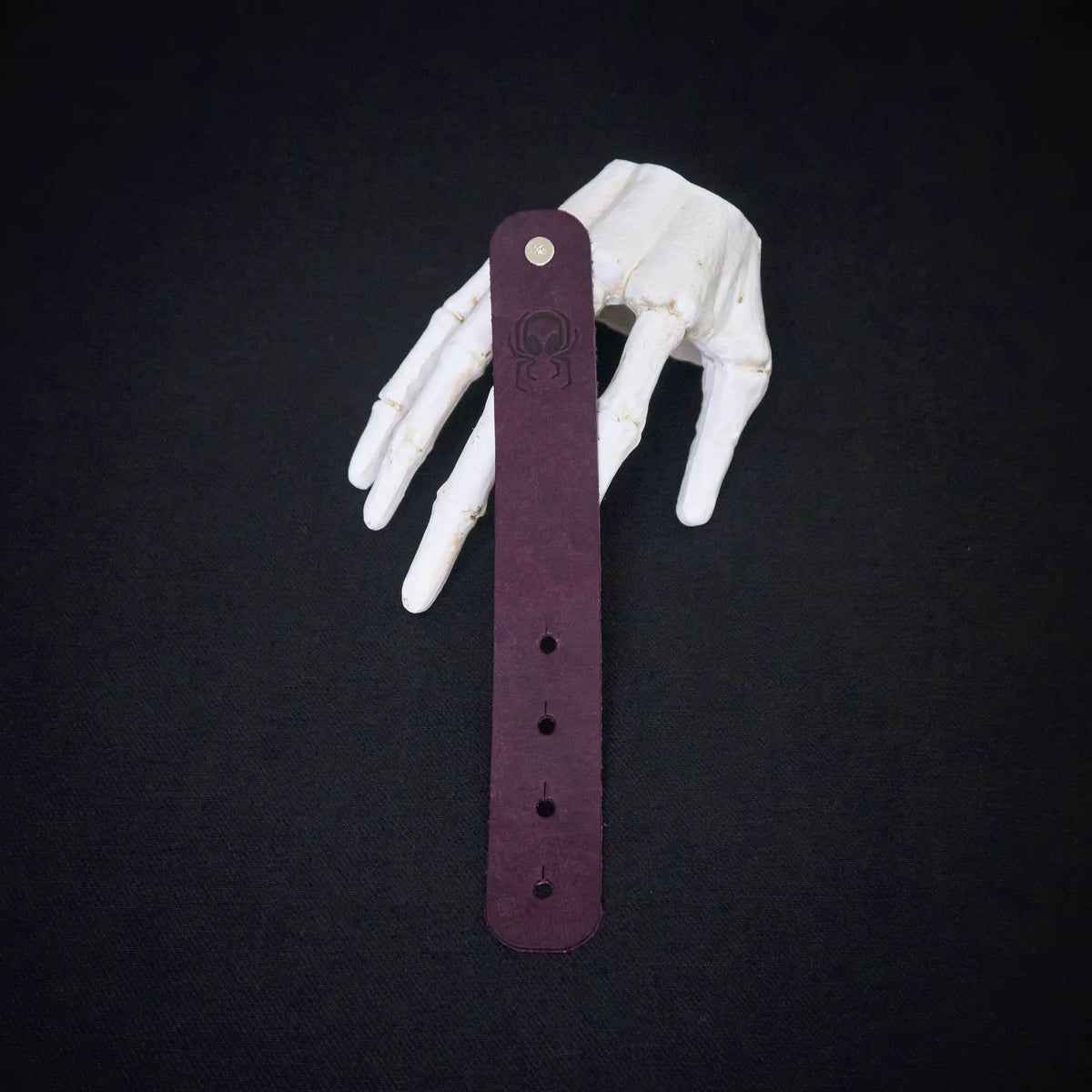 Fermata leather cable organizer in Screamer (purple) with brass stud and embossed Arachne spider - Halloween limited edition