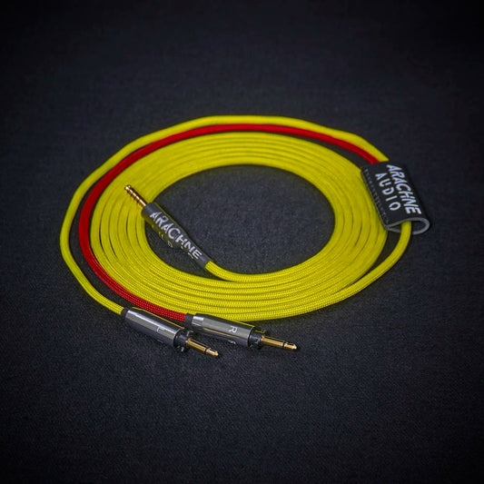 Final Audio Design Pandora Hope custom cable - Medusa Series - yellow sleeved cable with red accent and dual 3.5mm connectors